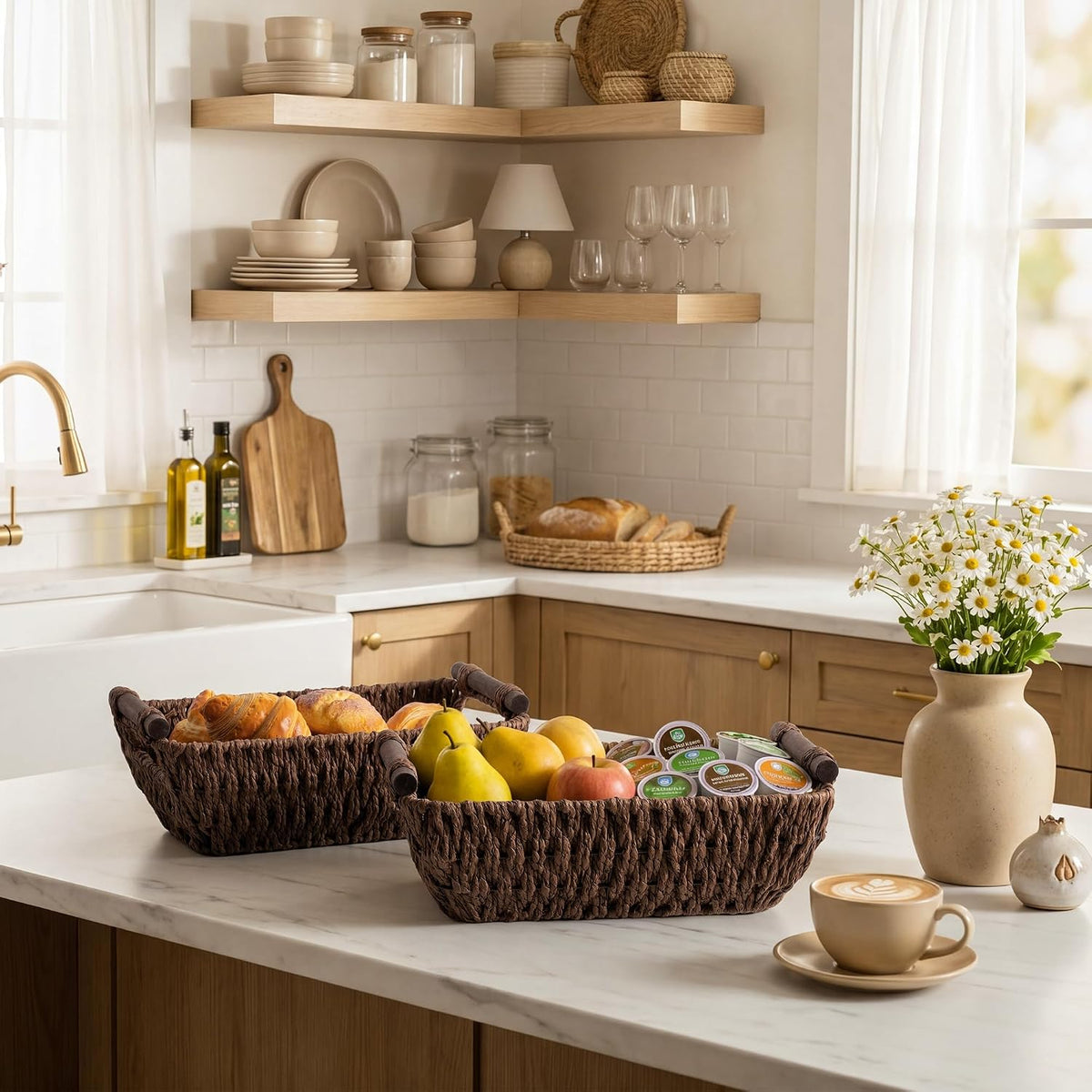 StorageWorks Small Wicker Baskets for Shelves, Dark Brown Basket, 2 Pack