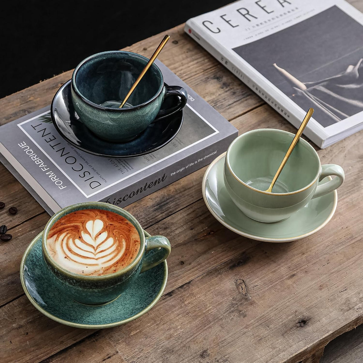 Porcelain Coffee Cup with Saucer Spoon, Vintage Design Ceramic Latte Art Cappuccino Barista Espresso Tea Cup with Saucer (10oz, Crystal Green)