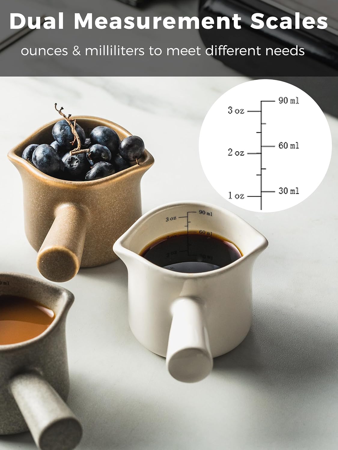 Ceramic Espresso Cup, Espresso Measuring Cup Espresso Shot Cups 3 OZ | Espresso Cups with Handle, Dual Spouts, Espresso Shot Glass with Dual OZ ML Scale, Espresso Accessories, White