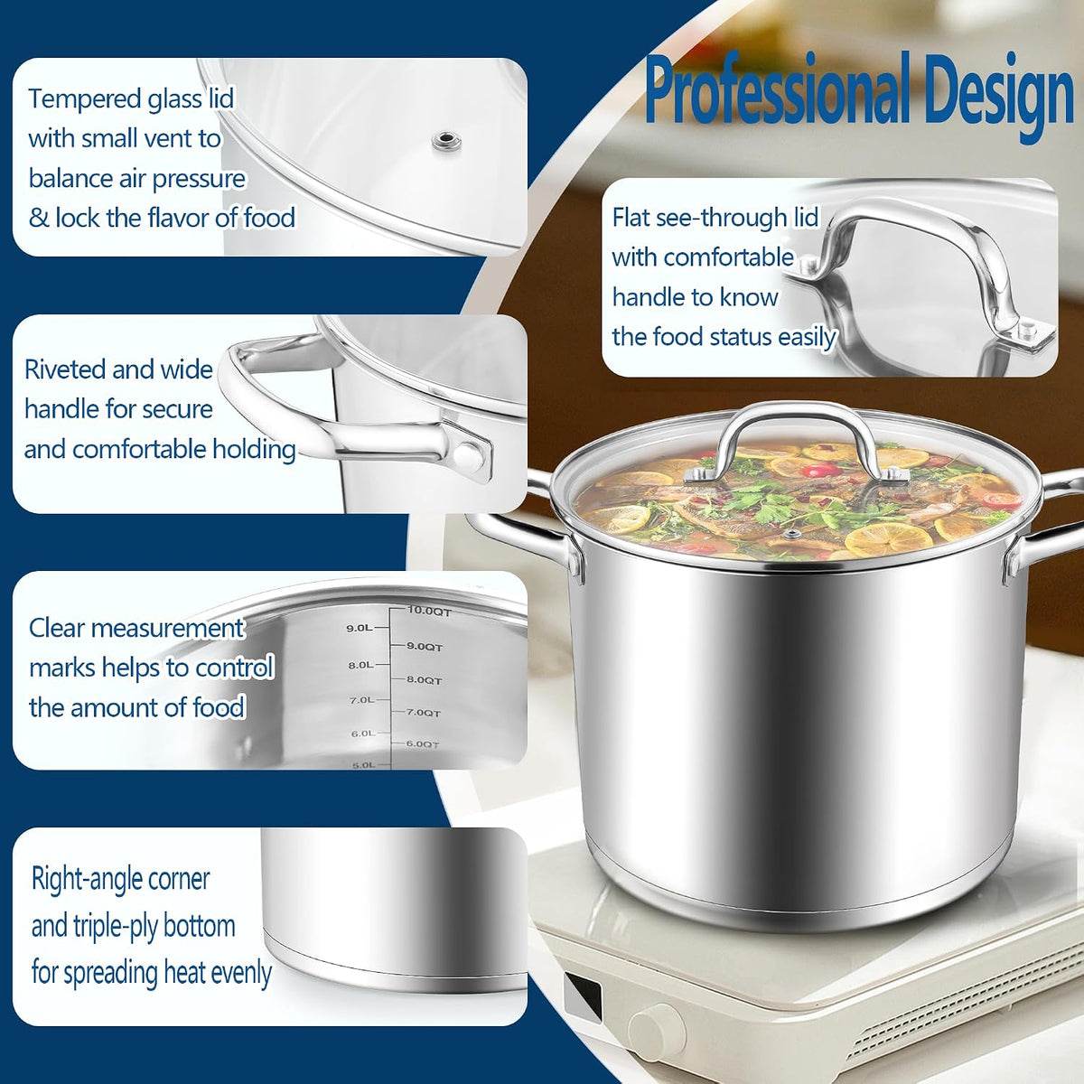 E-far 10 Quart Pot, Stainless Steel Stock Cooking Pot with Glass Lid for Soup Canning Stewing Simmering, Heavy Duty Large Cookware with Triply Base for Induction Gas Ceramic Stoves, Dishwasher Safe