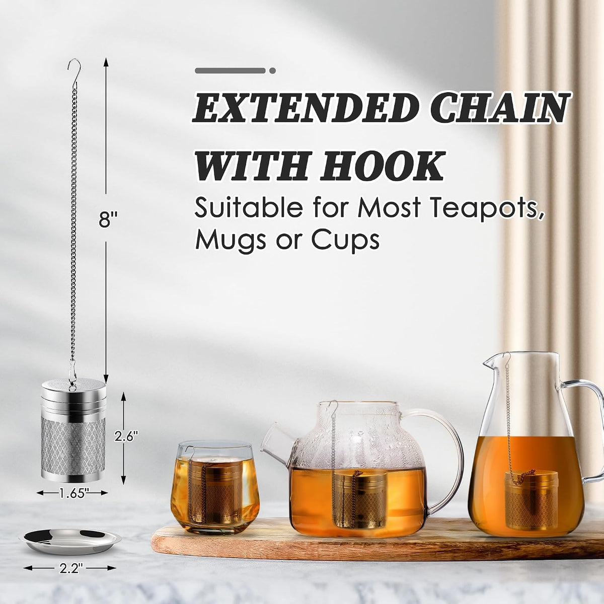Yoassi Tea Infusers for Loose Tea, Extra Fine Mesh Tea Strainers, 18/8 Stainless Steel Loose Leaf Tea Steeper Tea Diffusers with Extended Chain Hook and Drip Tray 1 Pack