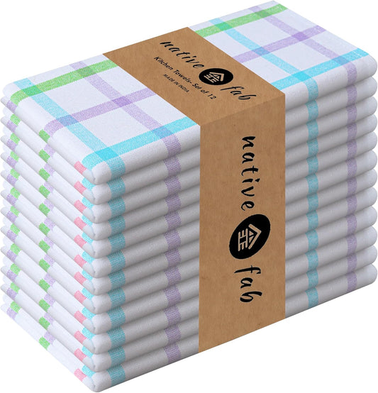 Native Fab Multi Color Check Kitchen Towels Set of 12, 100% Cotton, 16x26 Inch, Absorbent & Durable Dishcloth Set, Farmhouse