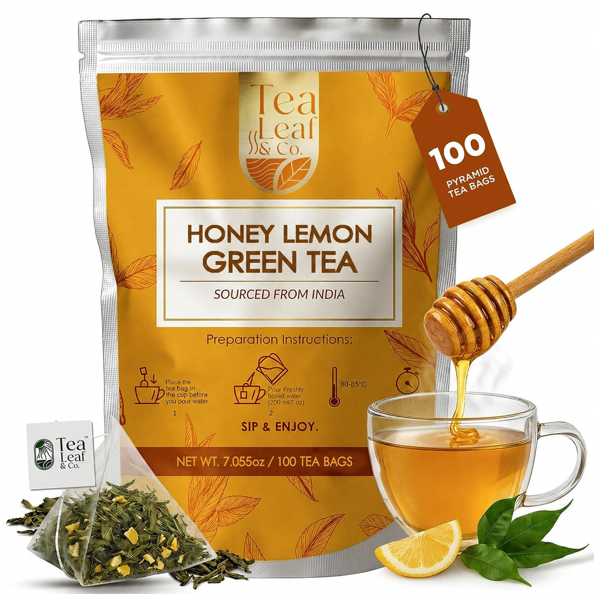 Honey Lemon Green Tea 200 gm/7 oz, Natural Herbal Infusion, 100 Tea Bags