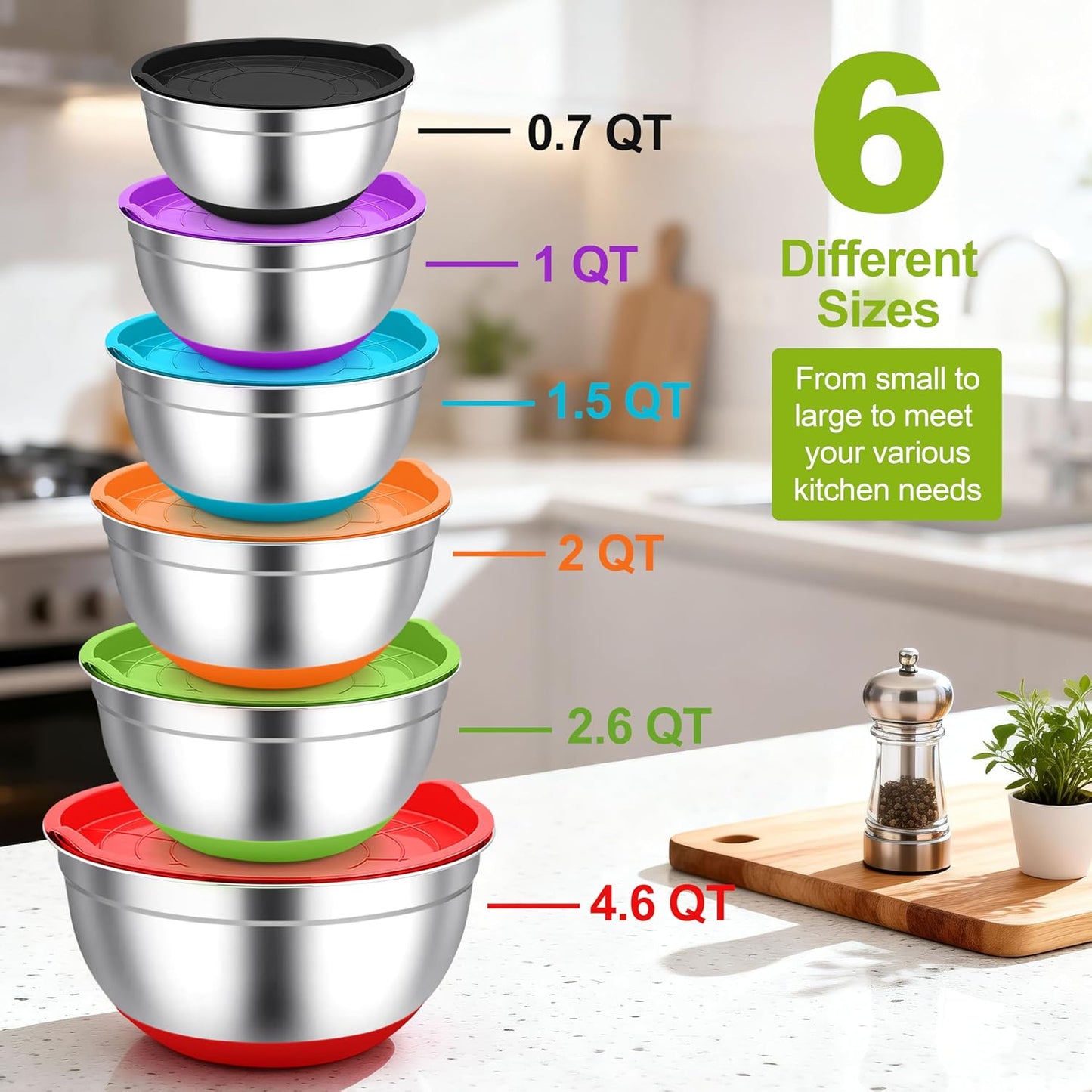 TeamFar Mixing Bowls, Stainless Steel Salad Bowls with Lids - Colorful | Nesting Bowls with Non-slip Bottom, for Kitchen Baking Preparing Serving, Stackable &amp; 6PCS - 4.6 /2.6 /2 / 1.5 /1 / 0.7 Qt
