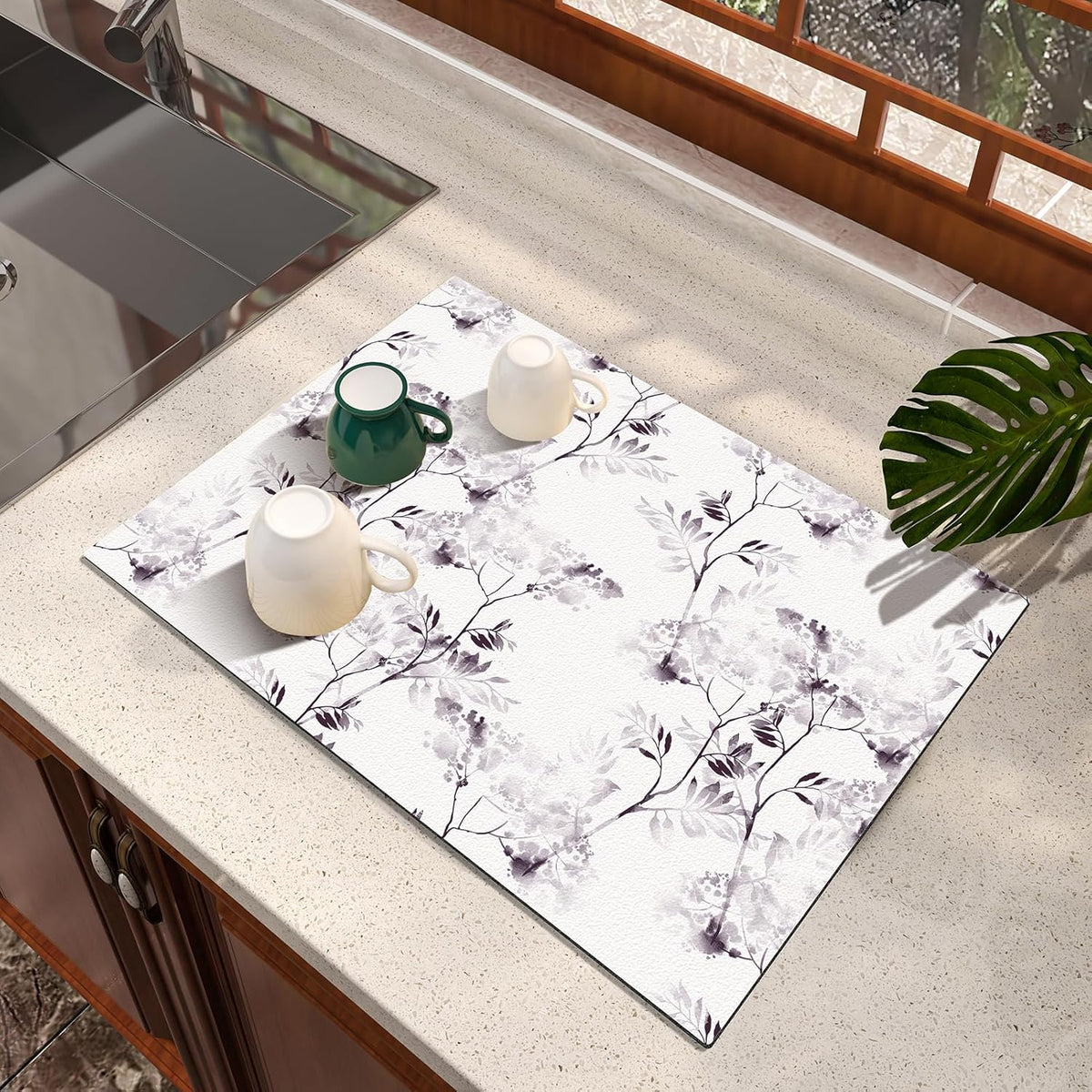 Dish Drying Mat Diatomaceous Earth Soft Coffee Mat, Silicone Dish Drying Mat for Kitchen Counter or Sink for Kitchen Bathroom Coffee Bar (Inked Flower, 16 x 24 Inches)