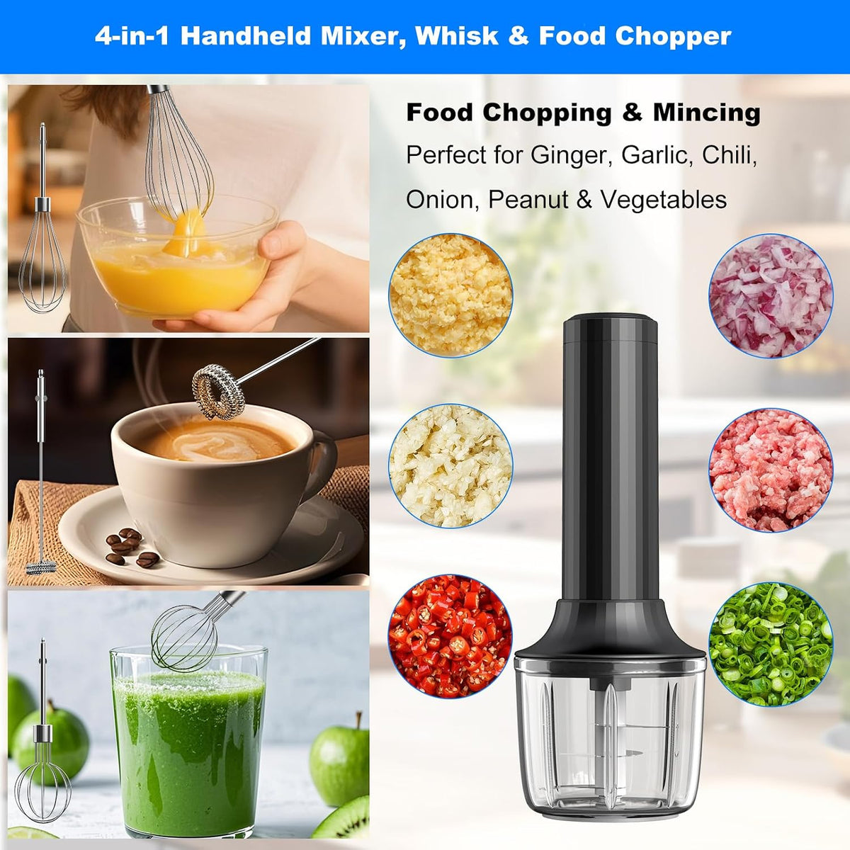 Electric Hand Mixer with MixgoII, Handheld Mixer Electric Whisk, Rechargeable Cordless Handheld Mixer &amp; Milk Frother, Small Food Chopper for Dicing, Mincing, and Puree, 4-Speed, 10Oz