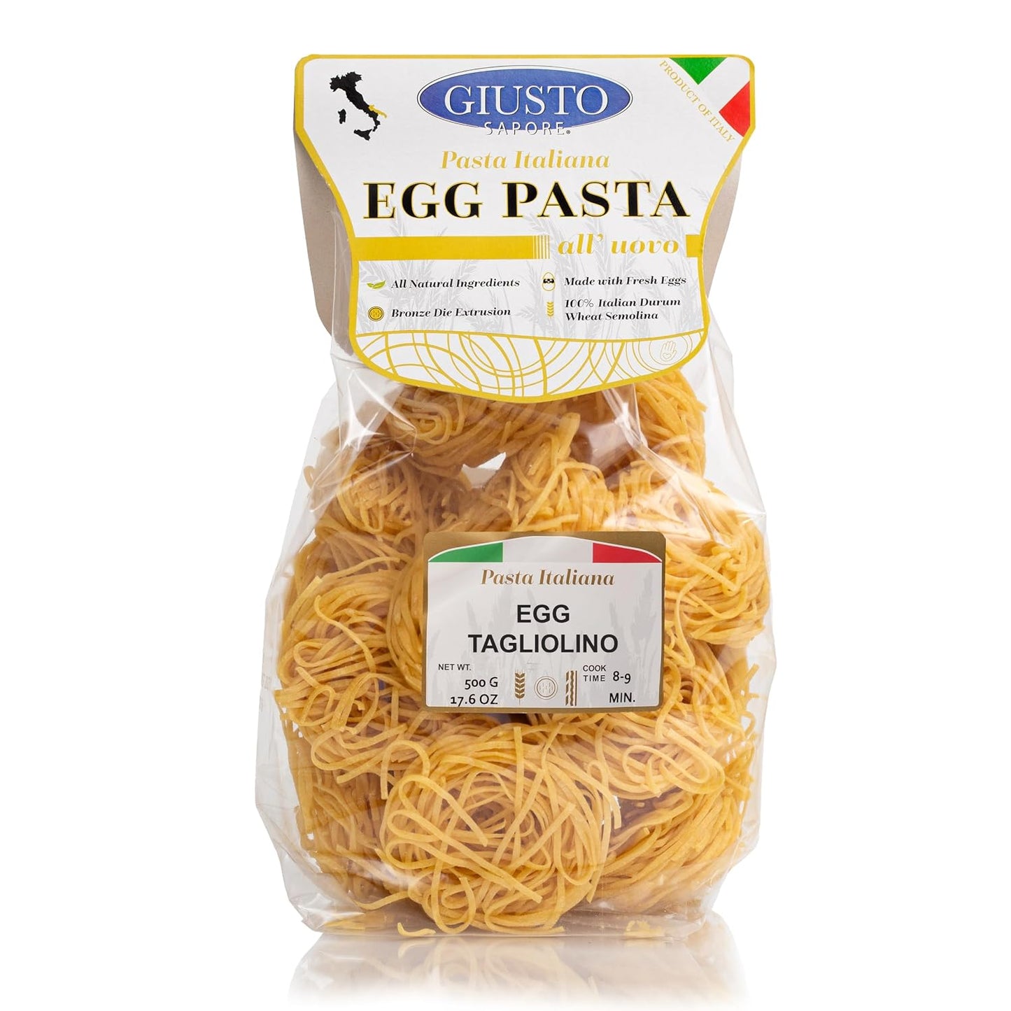Giusto Sapore Classic Tagliolini All'Uovo Italian Egg Pasta Nest - 340g - Premium Bronze Drawn Durum Wheat Semolina Gourmet Pasta Noodles - Imported from Italy and Family Owned (Tagliolino, 1 Pack)