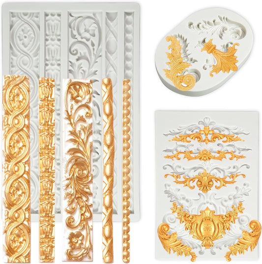 3 Packs Baroque Silicone Molds Scroll Silicone Baroque Mold Clay Molds Fondant Molds Border Fondant Mold Wedding Birthday
