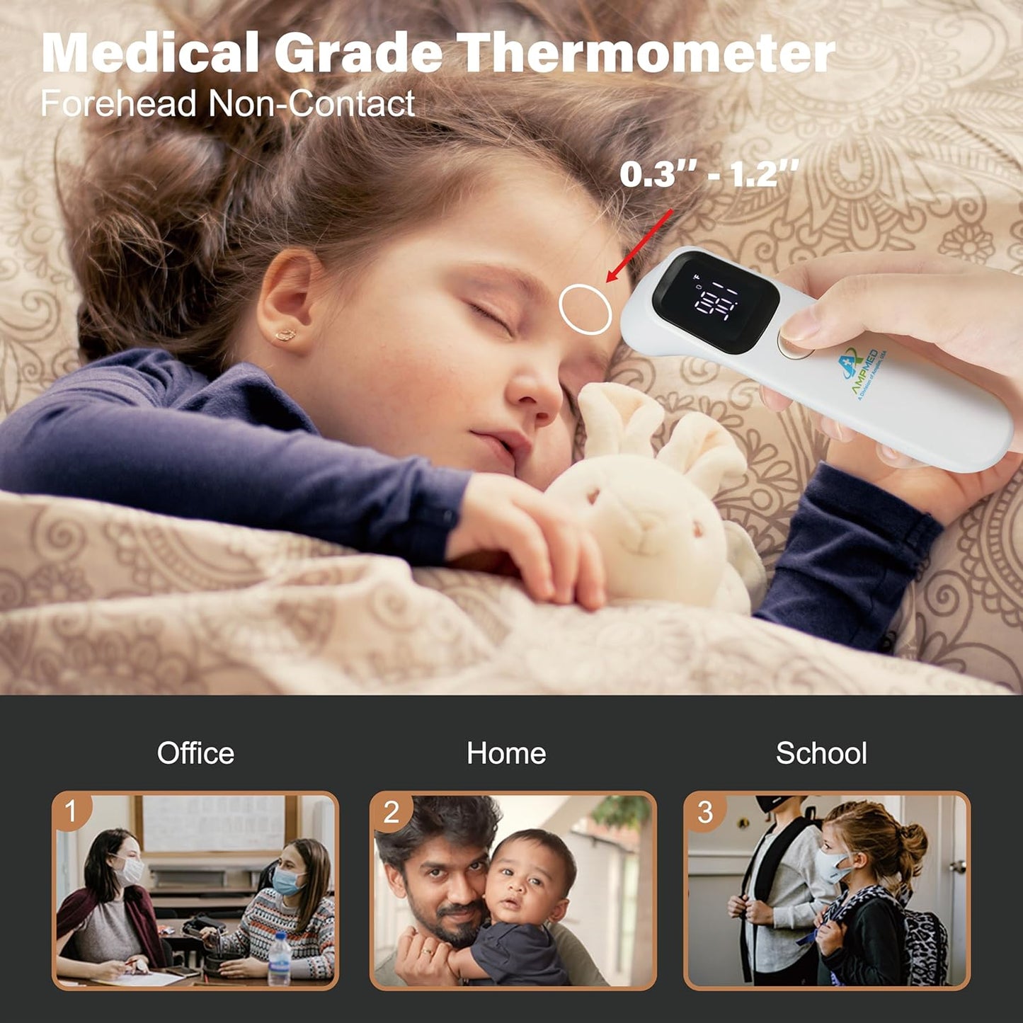 Amplim Forehead Thermometer | No-Touch, FDA-Cleared, Medical-Grade Infrared | 1-Second Read with Audible Fever Alert | Accurate Digital Infrared Thermometer for Adults, Kids, Baby