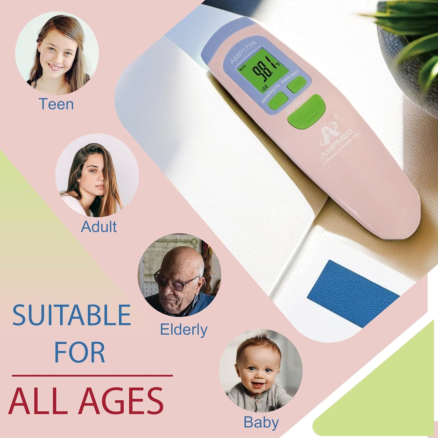 Amplim Non-Contact Forehead Thermometer for Adults, Kids & Infants | Ampmed No-Touch Medical Grade Temporal Fever Thermometer with Case, Nurse Accessories for Work, FDA-Cleared Pink Termometro Digital