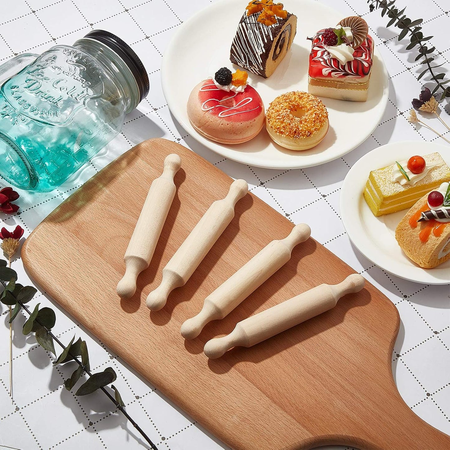15 Pcs Wooden Mini Rolling Pin Long Kitchen Baking Small Dough Rolling Pin for Children Fondant Pastry Pizza Crafting and Imaginative Play for Halloween and Christmas Presents (7 Inches)