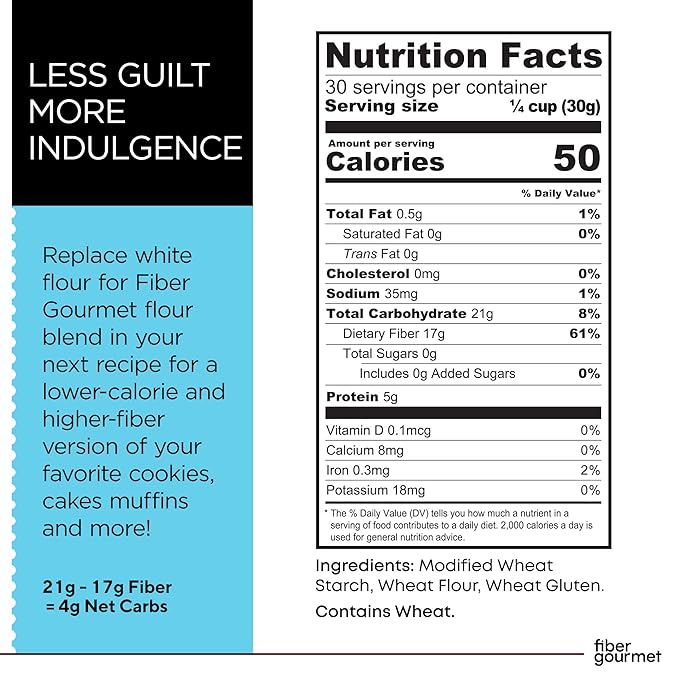 Fiber Gourmet Low Net Carb Flour Blend - Keto Friendly All-Purpose Baking Flour with 55% Fewer Calories, 81% Fewer Net Carbs, 17g Fiber, Non-GMO Vegan - 32 Ounce (pack of 1)