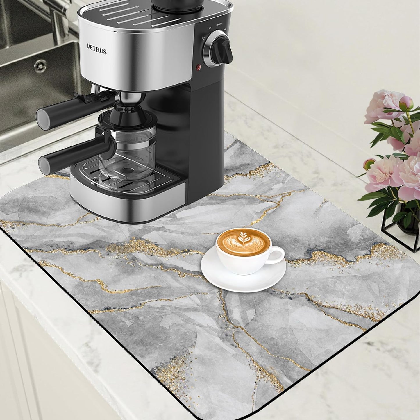 White and Gold Marble Dish Drying Mat for Kitchen Counter Absorbent Hide Stain Coffee Mat Rubber Backed Dish Drainer Rack Pad Espresso Machine Coffee Bar Accessories 15.7 x 23.6 Inch