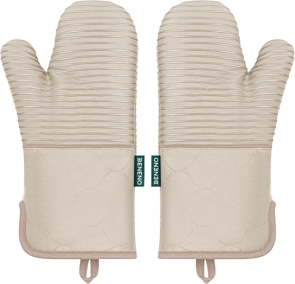 Beneno Heat Resistant 500°F Kitchen Oven Mitts 2-Pack, 7.5"x14.3", Beige | Textured Non-Slip Silicone Grip, Extra Long Forearm Protection, Soft Quilted Cotton Terry Lining, Ideal for Baking &amp; Grilling