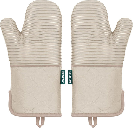 Beneno Heat Resistant 500°F Kitchen Oven Mitts 2-Pack, 7.5"x14.3", Beige | Textured Non-Slip Silicone Grip, Extra Long Forearm Protection, Soft Quilted Cotton Terry Lining, Ideal for Baking &amp; Grilling