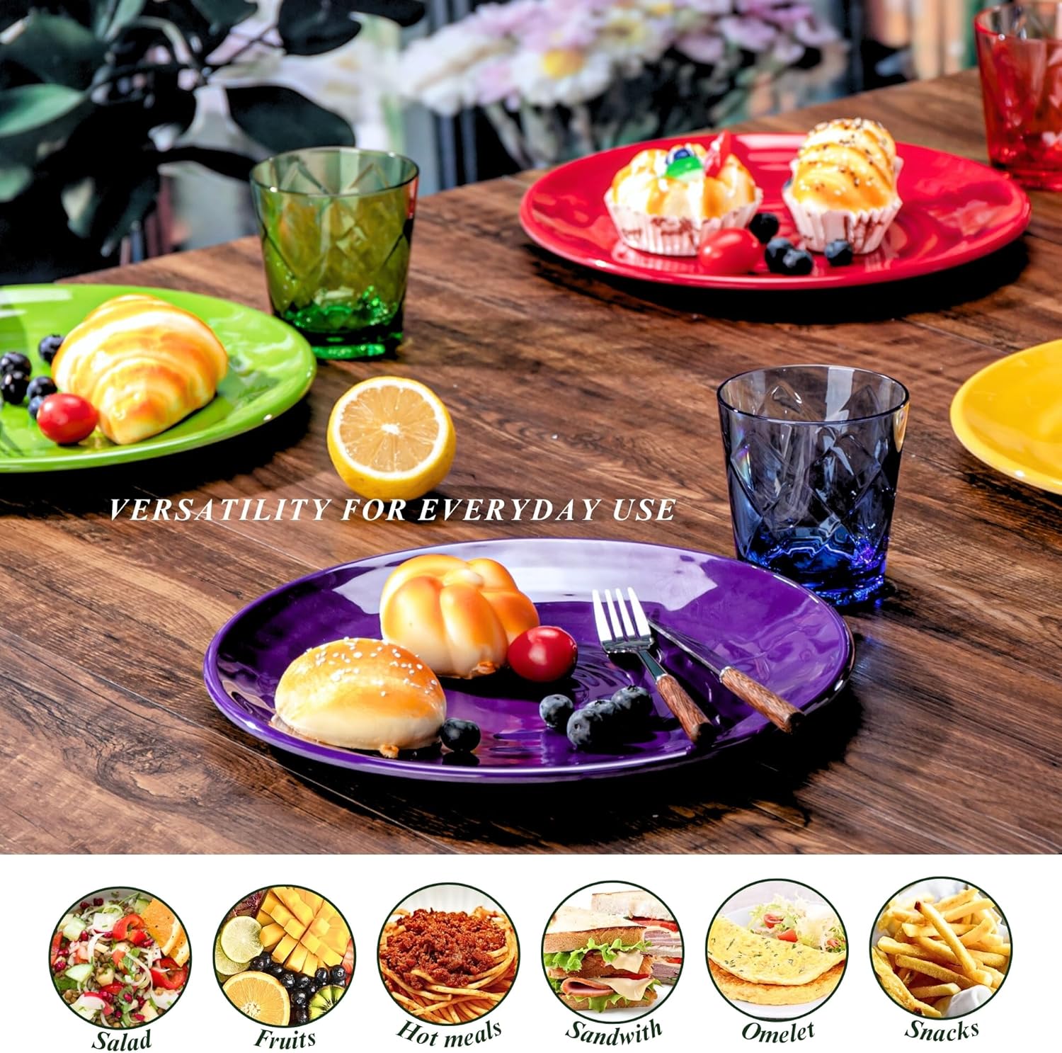 11-Inch Melamine Plates (Set of 6) - Unbreakable and Reusable Plastic Dinnerware with Ceramic Feel, Stackable and Dishwa