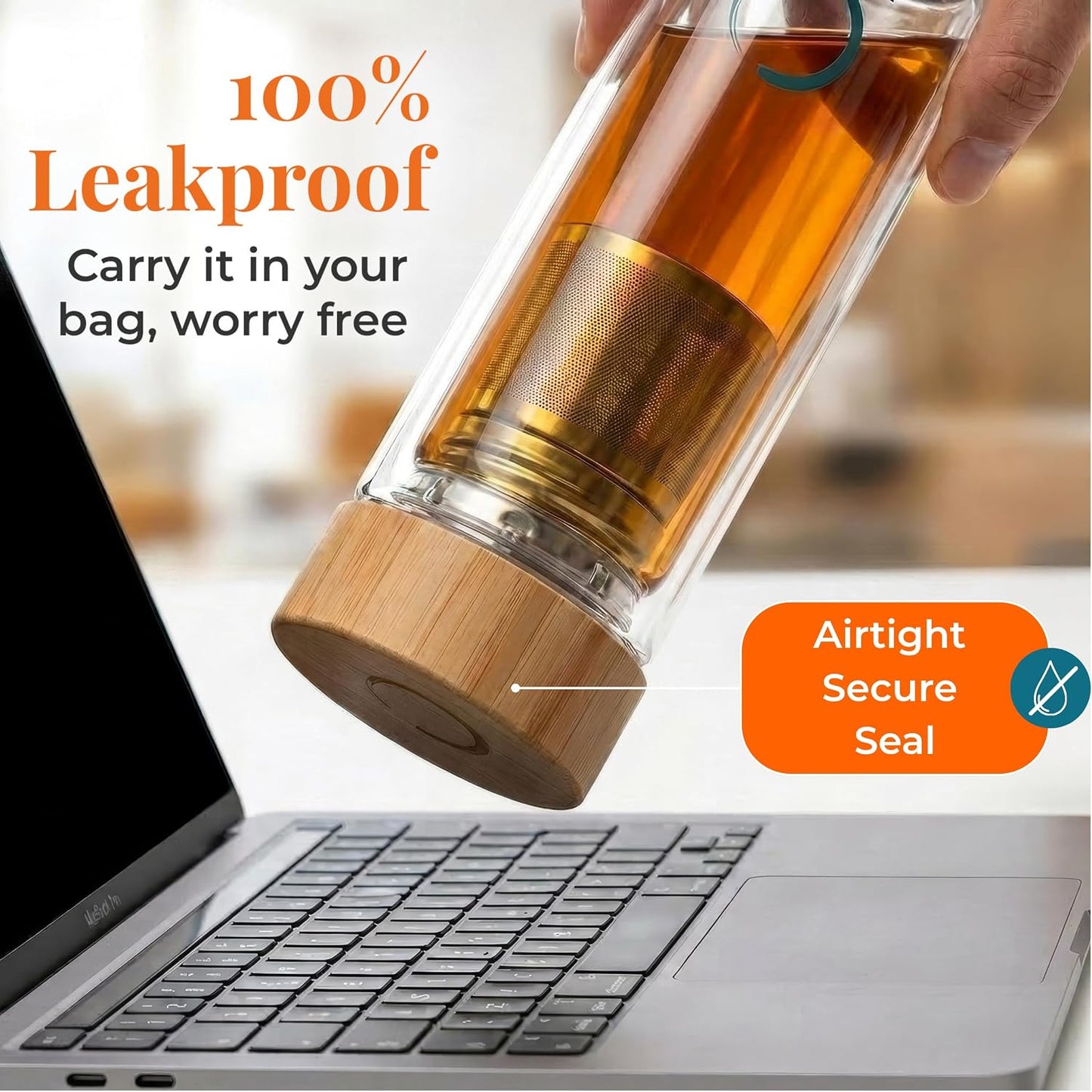 Pure Zen Tea Glass Tea Infuser Bottle, Leakproof, Tea Tumbler with Infuser | 15oz, Double Wall, Travel Sleeve, Extra-fine Stainless Steel Filter, Bamboo Lid, Gift-ready Packaging, Extra-thick Glass