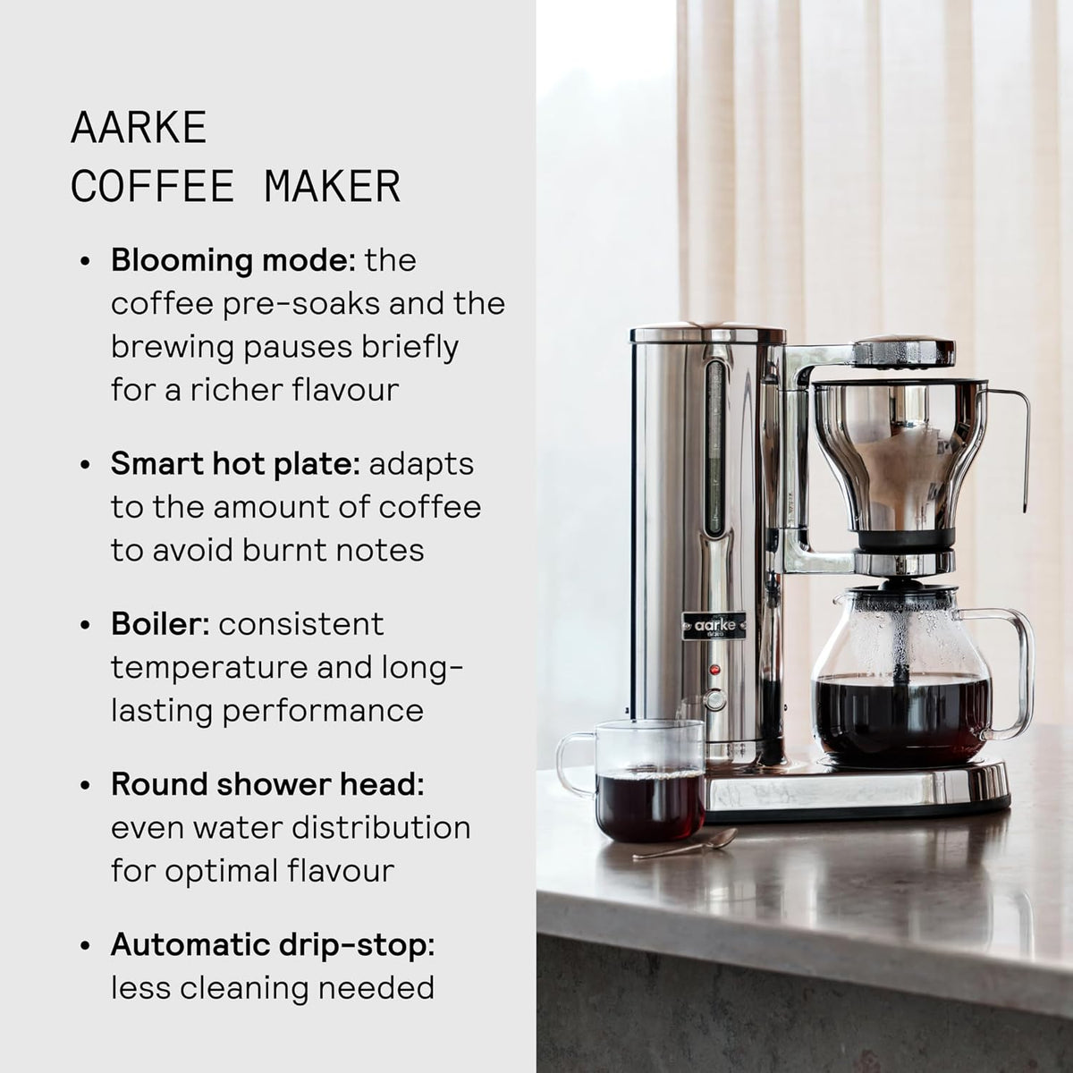 aarke Drip Coffee Maker with 42oz Glass Carafe, Stainless Steel | Electric Drip Brewer, Automatic Drip-stop, Brews Full Pot in Under 6 Minutes, SCA Certified
