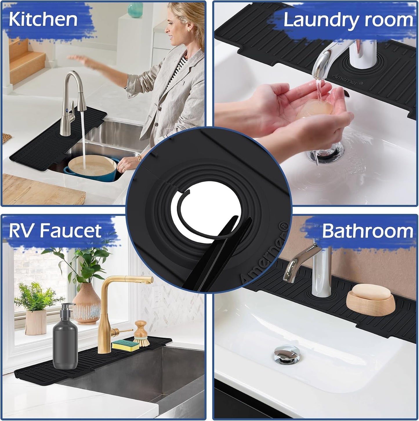 Kitchen Sink Splash Guard, 20 inch Silicone Faucet Guard &amp; Draining Mat, 10° Large Slope Sink Faucet Mat Splash Guard, Bathroom Sink Organizer, Kitchen Sink Accessories Gadgets, 20 x 5.5”, Black