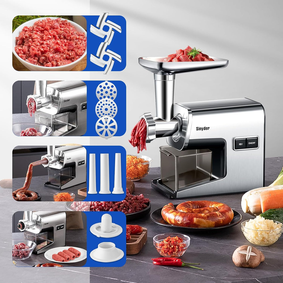 Electric Meat Grinder,3000 Max Heavy Duty Stainless Steel Meat Mincer with 2 Blades,3 Grinding Plates,Sausage Stuffer Tubes & Kubbe Kit for Home & Kitchen Using