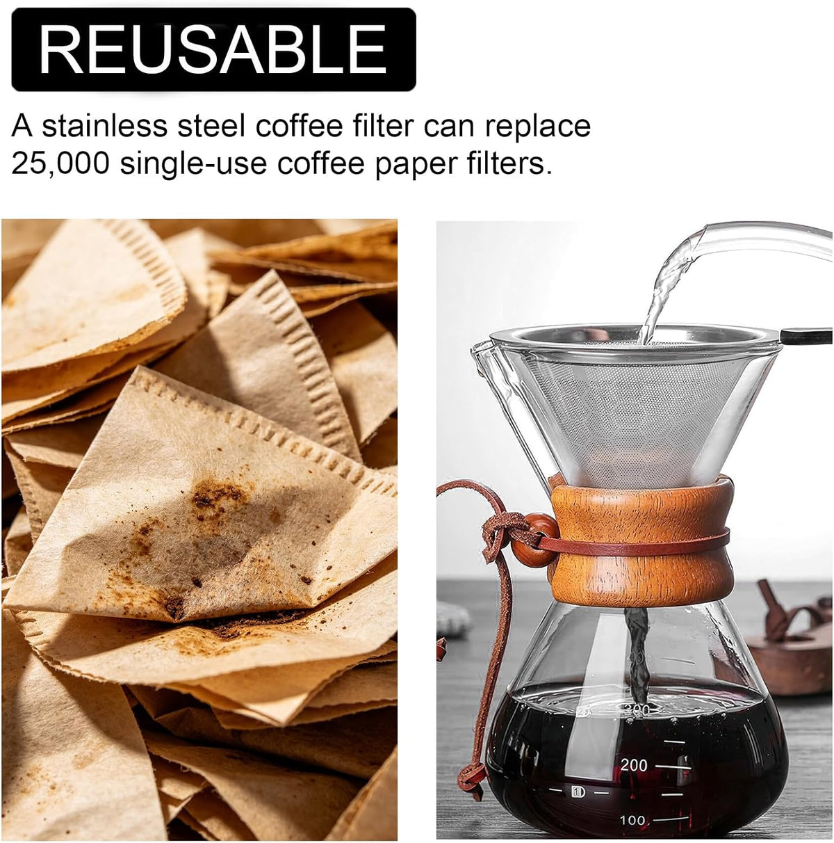 Pour Over Coffee Filter for Chemex 6/8/10 Cups &amp; Hario V60 02 03