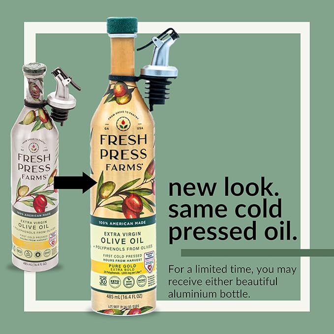 Fresh Press Farms Cold Pressed High Polyphenol Pure Gold Extra Virgin Olive Oil, 16.4 Fl Oz (Pack of 2), Georgia Grown, 100% American Made, Unrefined, Certified Whole30, Non-GMO, Keto, Paleo, Gluten Free, Packaging May Vary