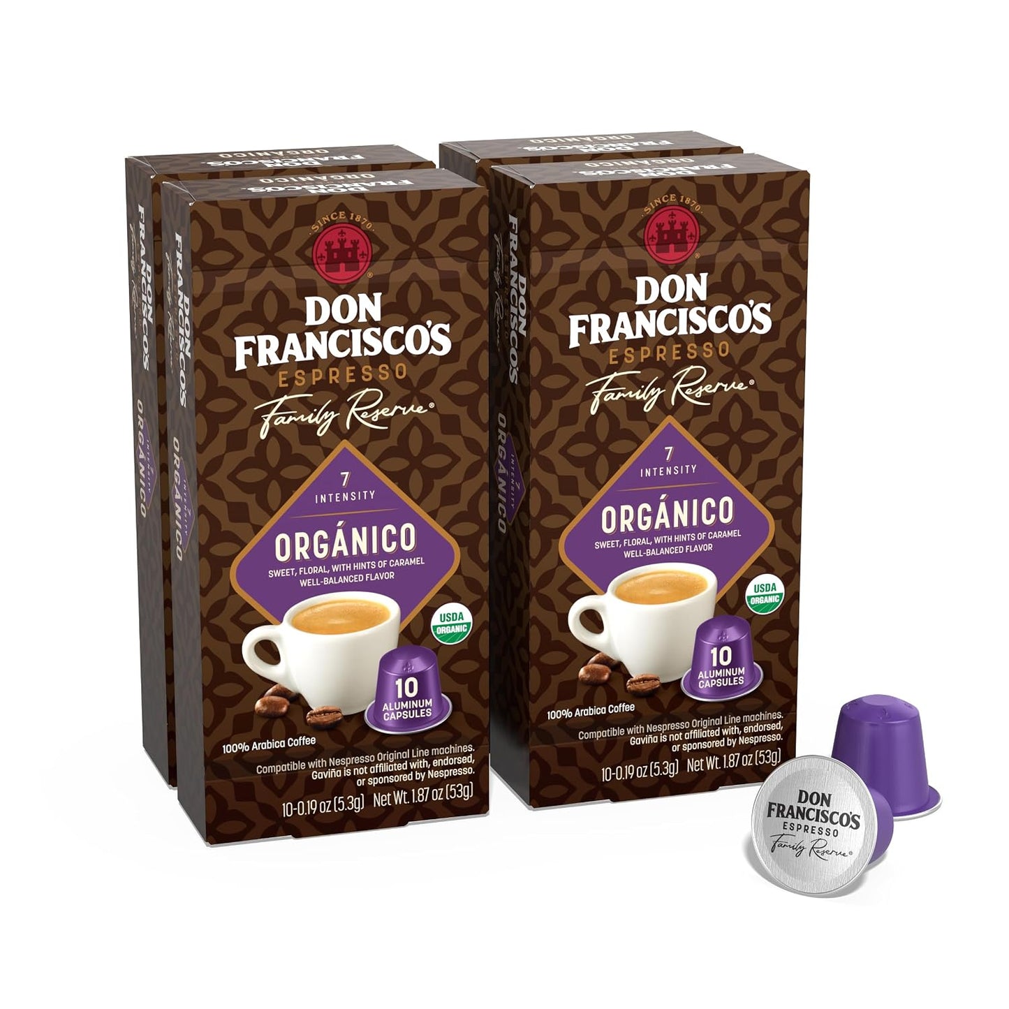 Don Francisco's Organico Espresso Capsules, Dark Roast, 40ct | Compatible with Nespresso Original Machines, 100% Arabica Coffee, Aluminum Capsules, Simple Convenient Mess-Free Espresso