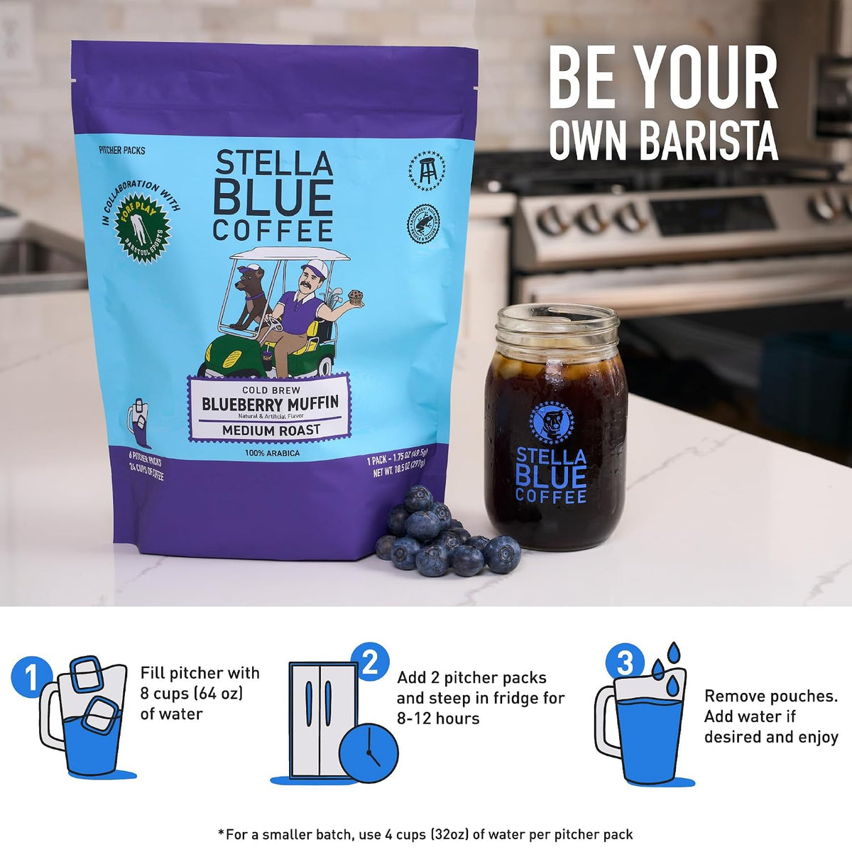 Cold Brew Coffee Bags, Blueberry Muffin, Medium Roast, Ground Coffee | Stella Blue Coffee, 6 Packets, Arabica, Rainforest Alliance Certified, Smooth Bold Finish, Ethically Sourced, Makes 24 Cups