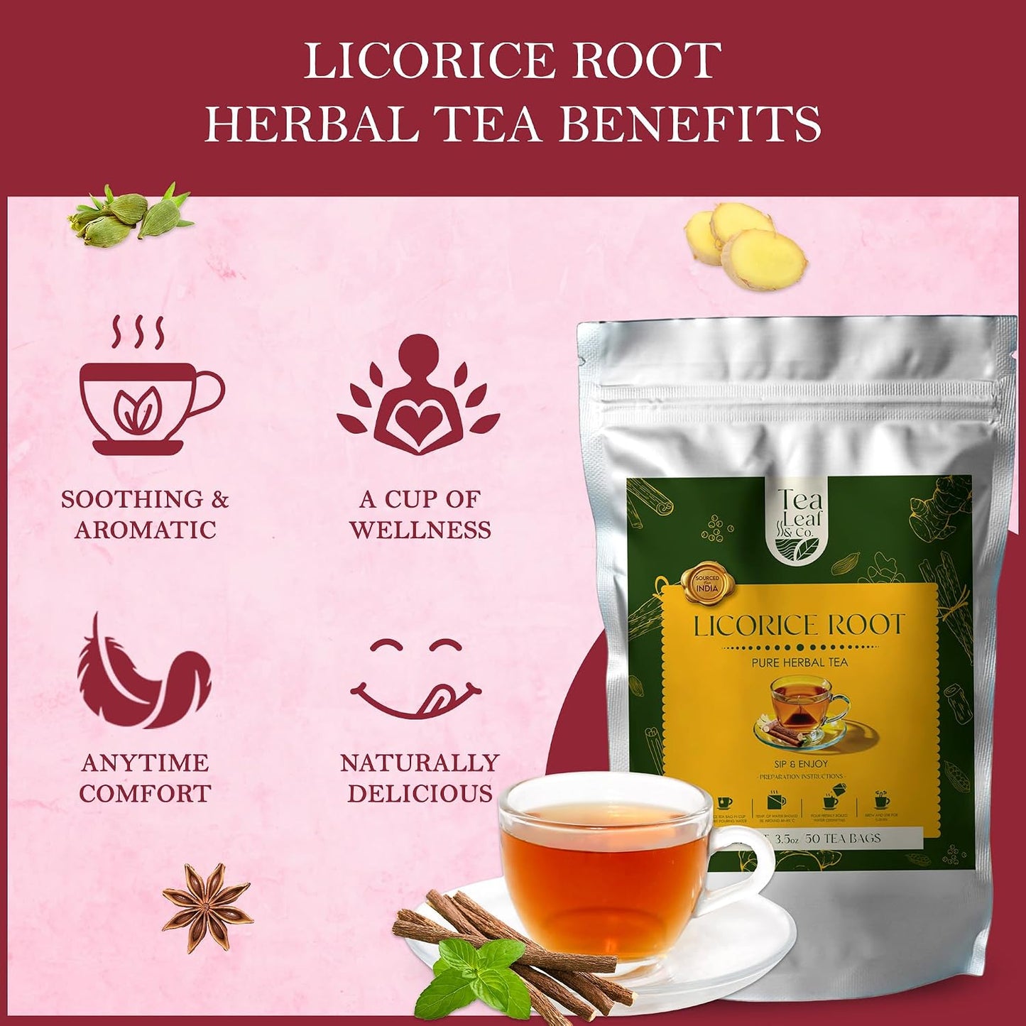Licorice Root Herbal Tea 100gm/3.5oz, Natural Herbal Infusion, 50 Tea Bags