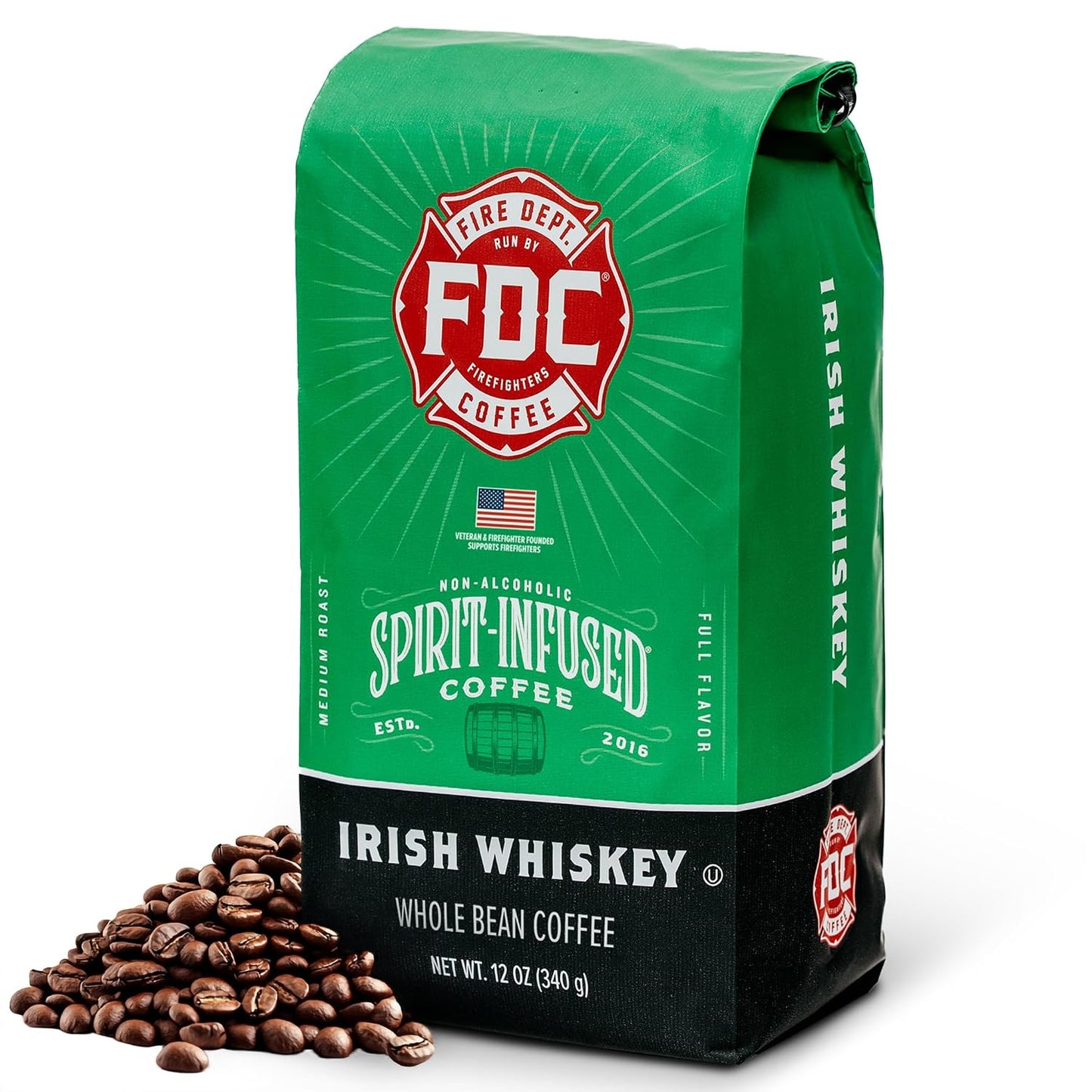 Fire Department Coffee Irish Whiskey Infused Coffee Beans - 12 oz | Gives Back to Firefighters - Medium Roast - Non-Alcoholic - Roasted in the USA - Whole Bean - Veteran Owned