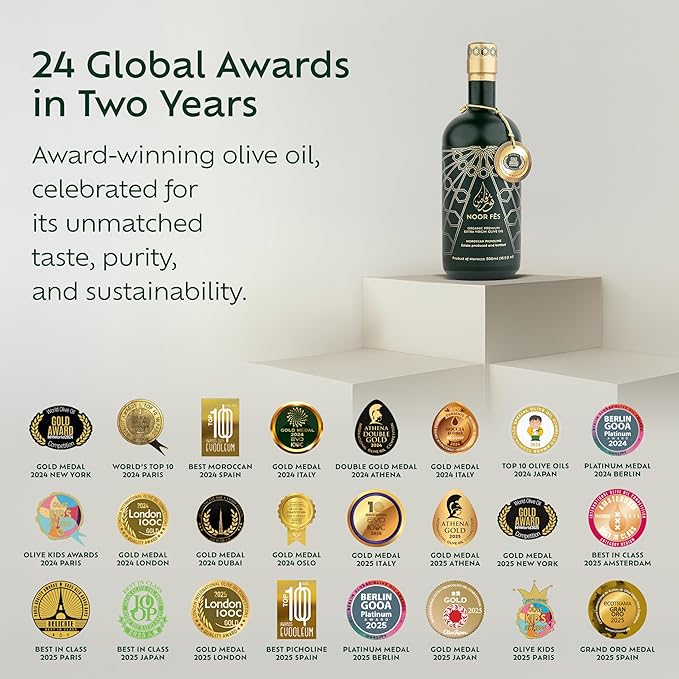 NOOR FÈS 20+ Awards EVOO | Polyphenol Rich 584 mg/kg | USDA Organic Extra Virgin Olive Oil | Moroccan Picholine | Cold Extracted Olive Oil | Great Gift for Chefs | 17 Oz.
