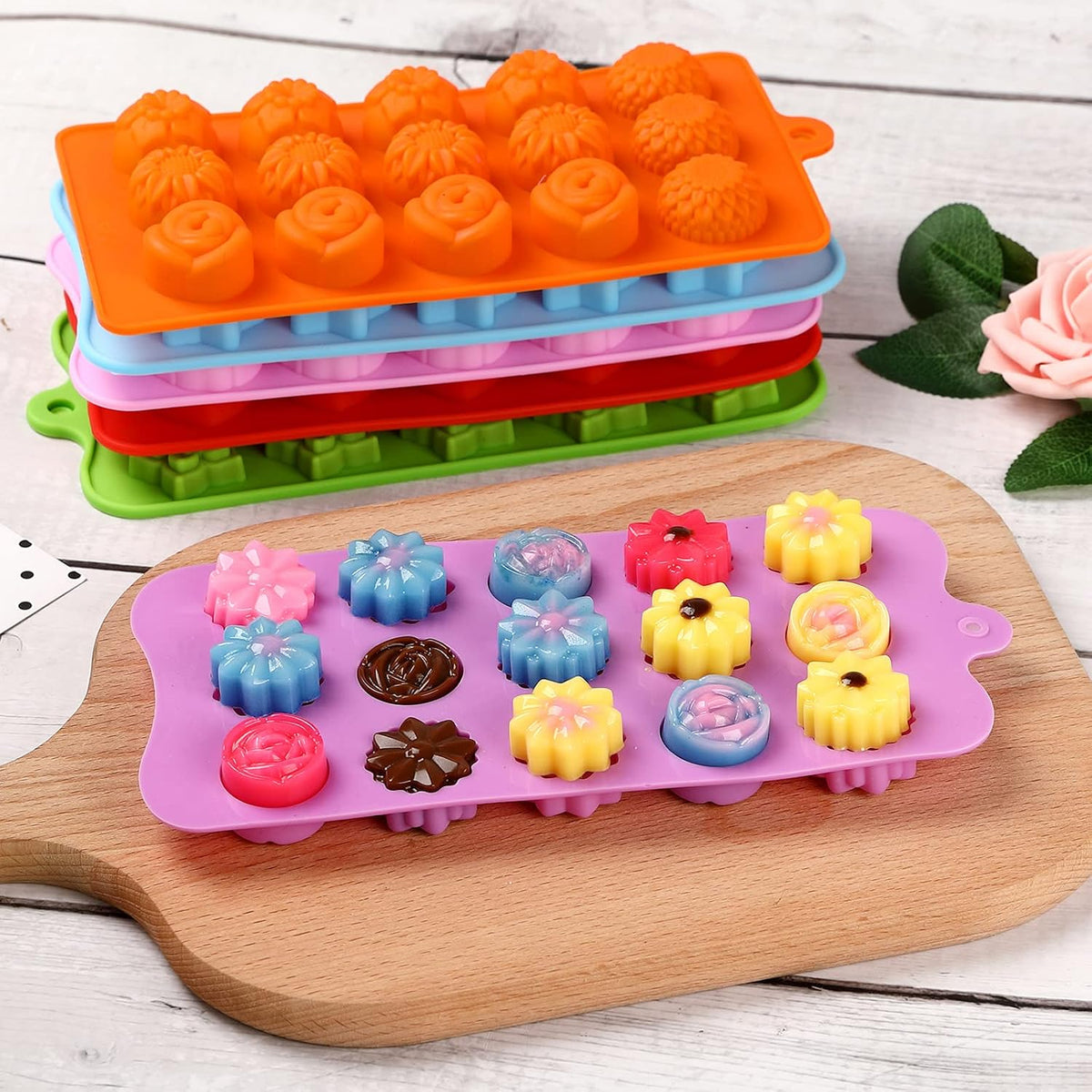 FIRETREESILVERFLOWER Flower Shape Chocolate Candy Molds Set,Heart,The stars,The rose,Flowers in Combination,15 Cavity Silicone Baking Mold Ice Cube Tray-Wedding,Festival,Parties and DIY Crafts-(6Pcs)