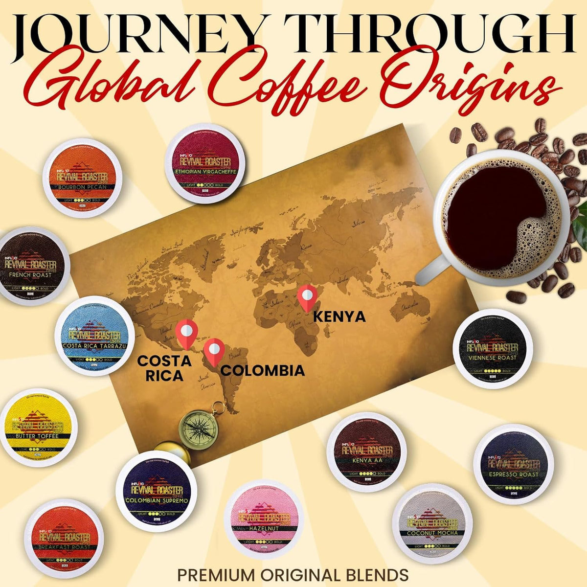 InfuSio Coffee Pods Variety Pack – 48 Count, 12 Crafted Medium & Dark Roast Blends and Artisan-Inspired Flavors Like Bourbon Pecan & Butter Toffee, Revival Roaster Collection, Compatible with Keurig 2.0 Brewers