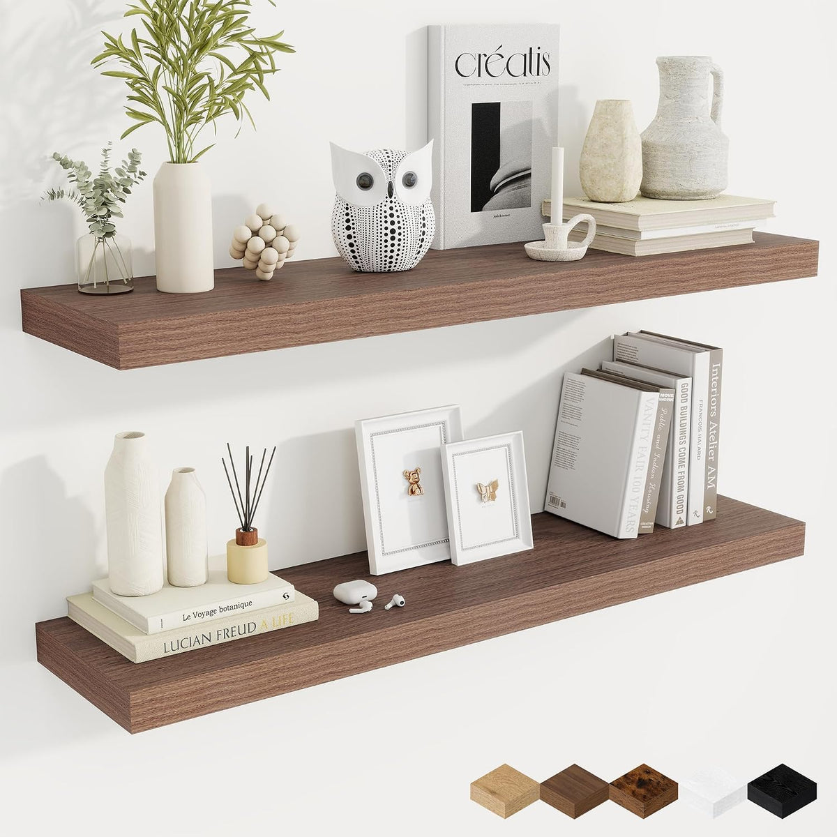 Fun Memories 40 Inch Walnut Floating Shelves, 9.3 Inch Deep Wall Shelves for Living Room|Bedroom|Kitchen, Rusitc Wall Mounted Bathroom Shelves 2 Pack, Heavy-Duty Deep Shelf for Books，Decor