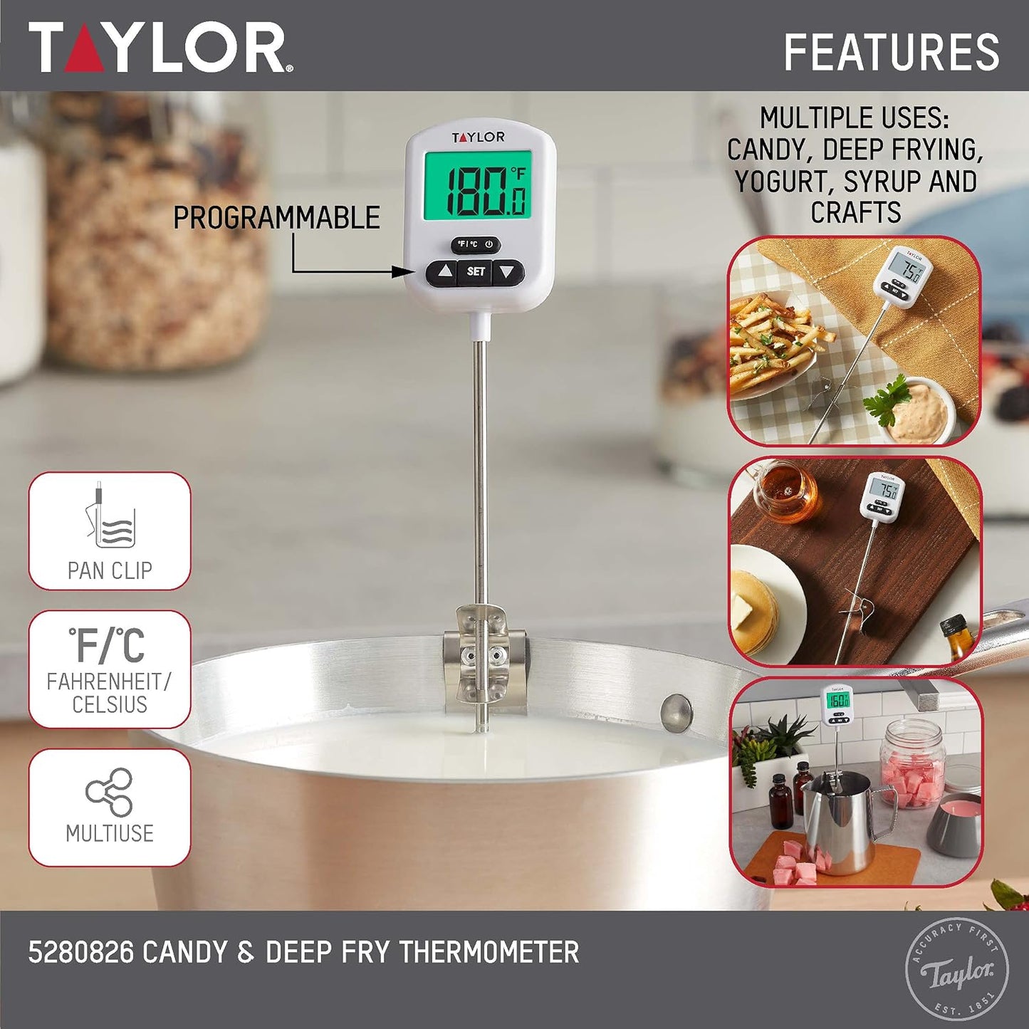 Taylor Programmable Digital Candy and Deep Fry Thermometer with Green Light Alert Display &amp; Stainless Steel Candy Deep Fry Food Cooking Kitchen Analog Thermometer, 12 Inches