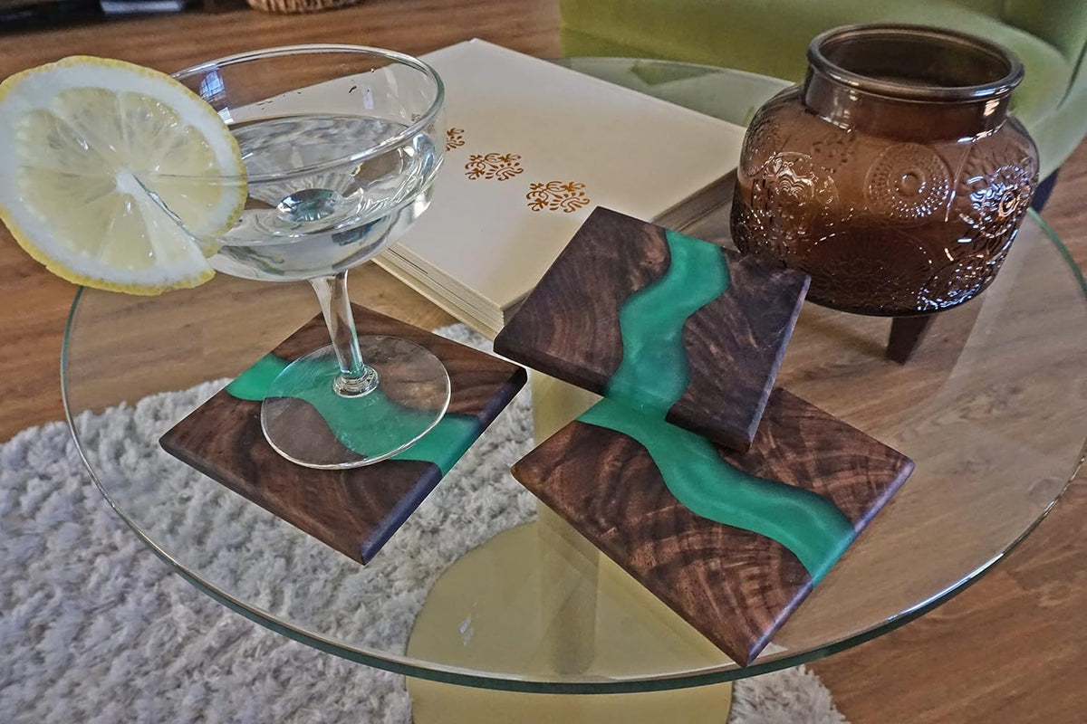 Wood Coaster Set for Drinks | Handmade with Dark Walnut &amp; Natural Wood Sealant Finish for Water Resistance, Easy Cleaning &amp; No Stains | Epoxy Resin River (4 Pieces) (Green)