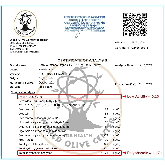 Entimio Intenso Organic Italian Extra Virgin Olive Oil from Italy, 900+ mg/kg High in Polyphenols, 2025 Gold Winner, Puglia Early Harvest evoo, Cold Extracted, Lab Tested - 16.9 fl oz