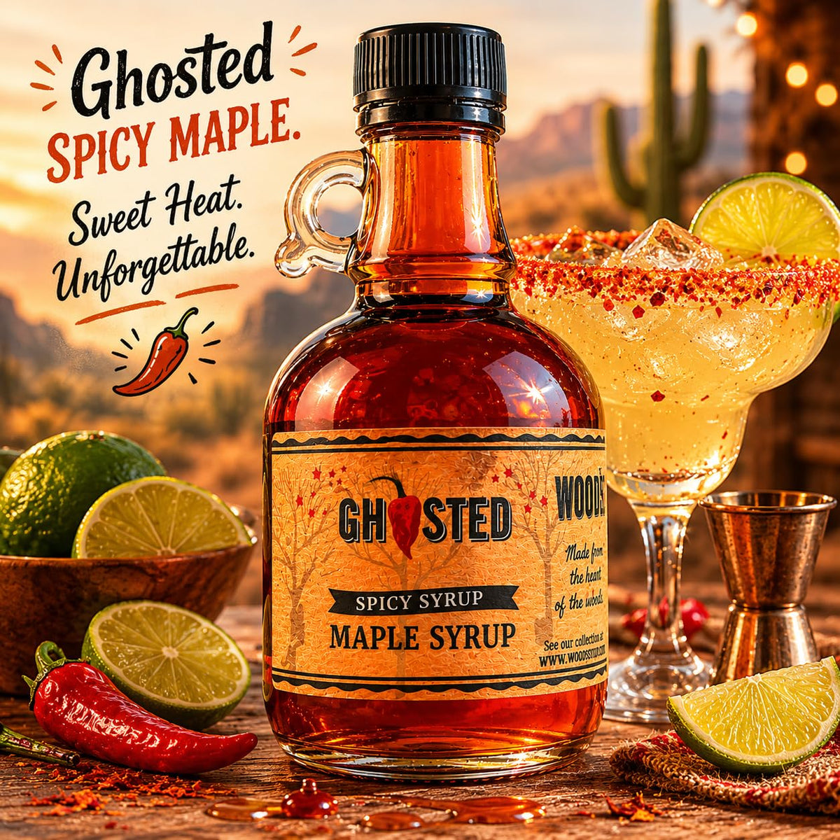 WOOD'S “Ghosted” Maple Syrup – Ghost Pepper Infused | Sweet &amp; Spicy Flavor Fusion | Small-Batch Vermont Syrup with Real Ghost Pepper Extract | Vegan, Natural, Eco-Friendly | Great for Cocktails, BBQ, Glazes &amp; More |8.45 Fl Oz (250mL)