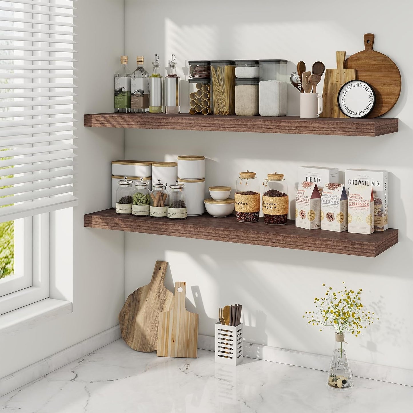 Fun Memories 40 Inch Walnut Floating Shelves, 9.3 Inch Deep Wall Shelves for Living Room|Bedroom|Kitchen, Rusitc Wall Mounted Bathroom Shelves 2 Pack, Heavy-Duty Deep Shelf for Books，Decor