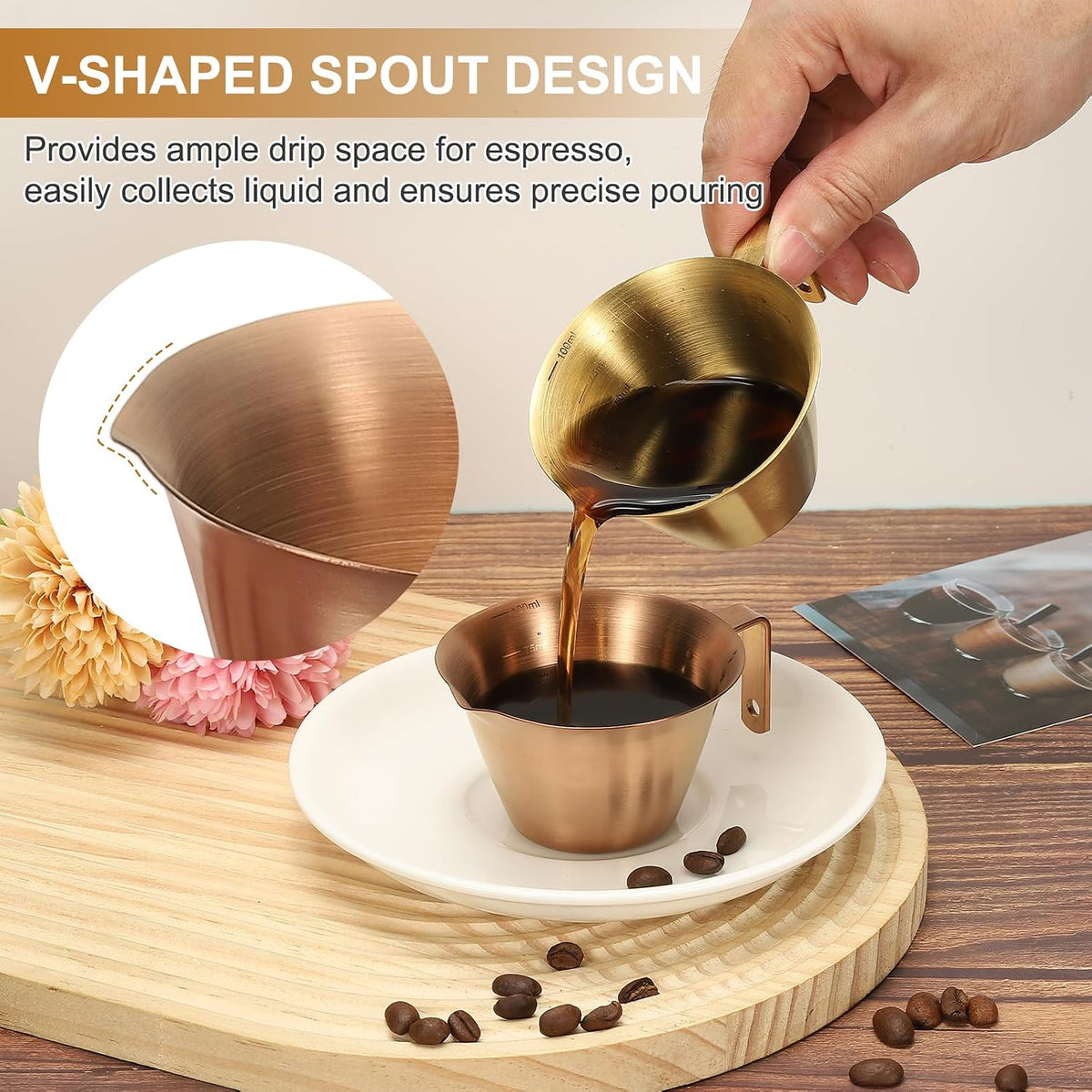 uxcell 2 Pcs Stainless Steel Espresso Cup with Handle, V-Shaped Mouth Espresso Measuring Cup with Scale for Preparing Coffee, Cocktails, 3.4OZ/100ML (Black)