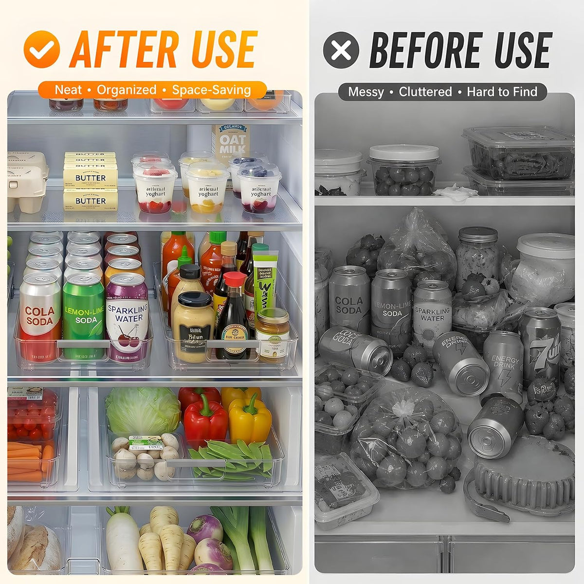 Refrigerator Organizers and Storage Roll Out Storage Bins Fridge Organizer with Wheels BPA-Free Clear Plastic Storage Bins Pantry Organizers and Storage 2 Pack