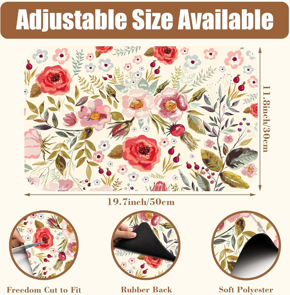 Vintage Flowers Coffee Mat Rose Berries Dish Drying Mat for Kitchen Counter Hide Stain Absorbent Rubber Backed Coffee Bar Accessories Fit Under Espresso Machine Dish Drainer, 11.8 x 19.7 Inch