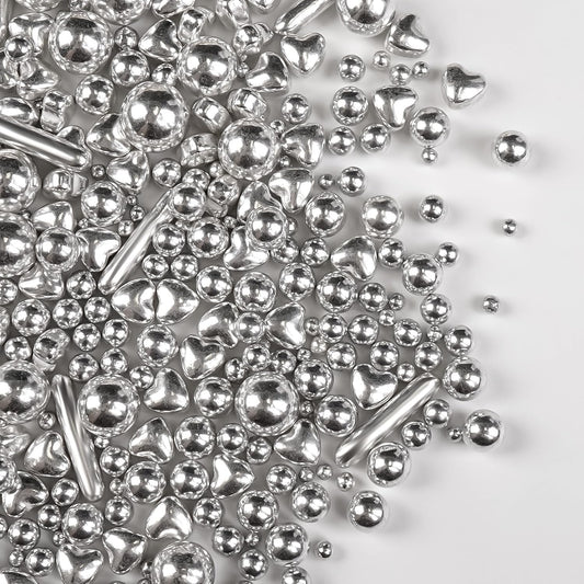 Silver Pearl Rods Heart Sprinkles, Baking Sugar, Silver Sprinkles for Cake, Mix Size, Cupcake Decoration, Holiday, Mother's