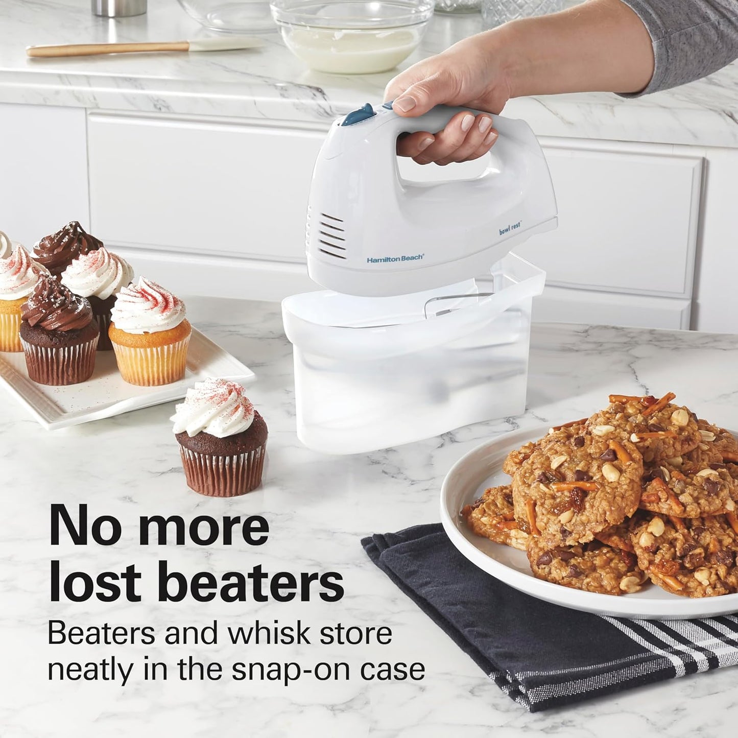 Hamilton Beach 6-Speed Electric Hand Mixer With QuickBurst and Bowl Rest | Powerful 250 Watt Motor | Traditional Beaters | Snap-On Storage Case | White | 62682G
