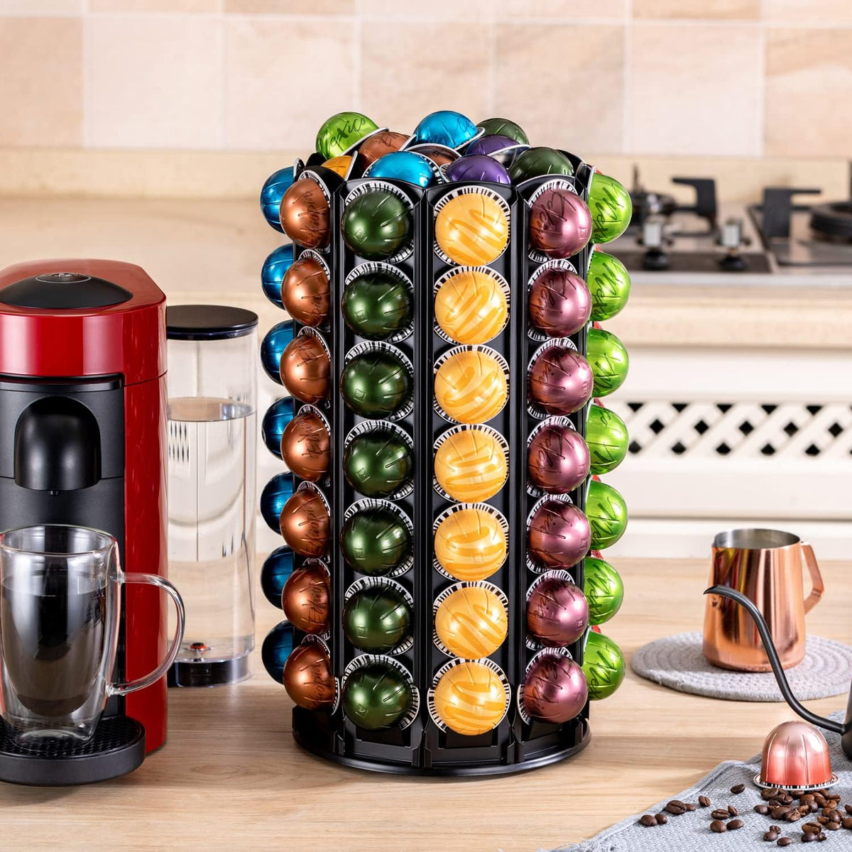 FlagShip Vertuo Pod Carousel Holder 100+ Pods Capacity Black Sturdy Metal | Maximize Save Space Heavy Duty 360° Silent Rolling Large Capacity for Nespresso Pod Organizer Fits All Size Vertuo Pod