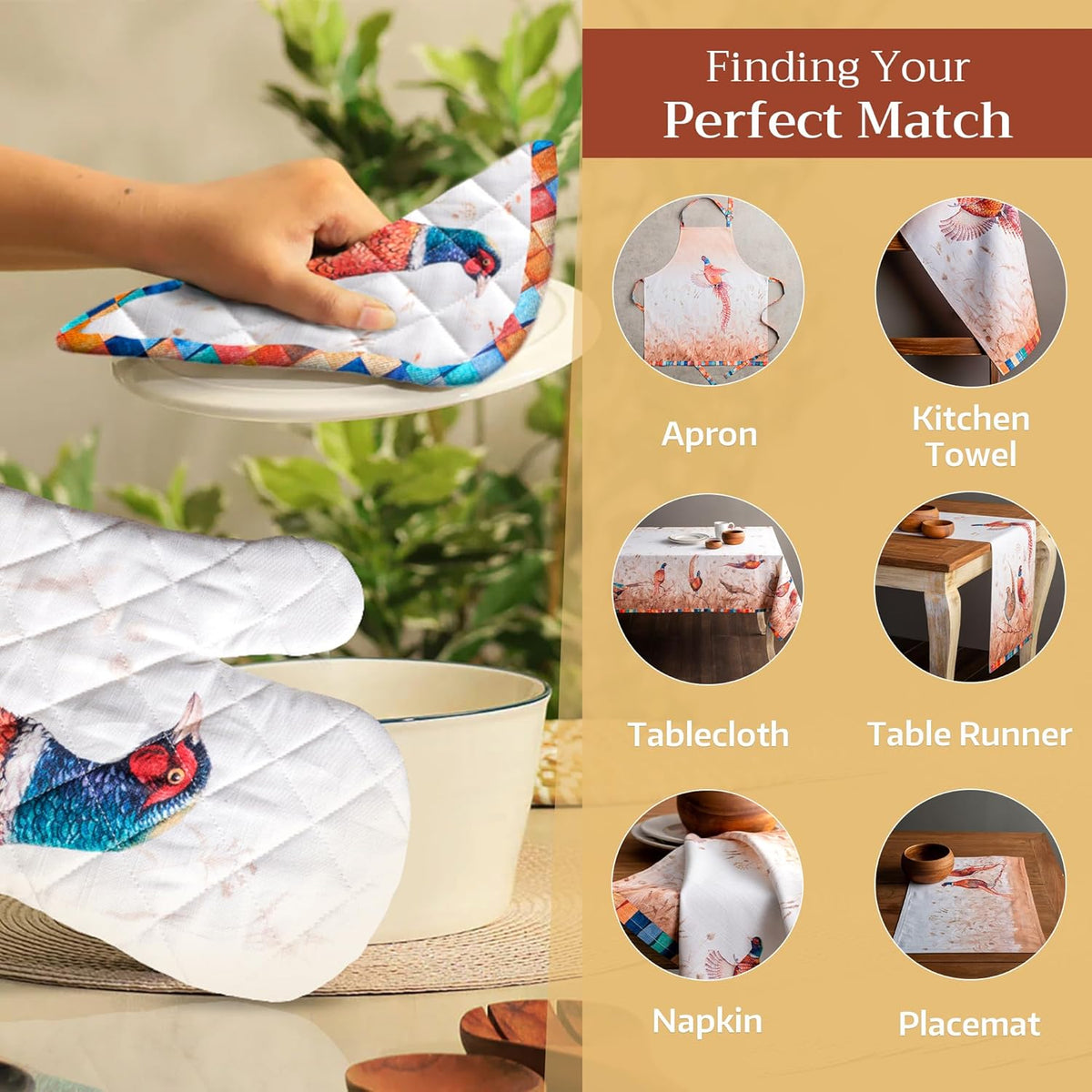 Maison d' Hermine Pot Holders Set 100% Cotton Heat Resistant Potholders 8" x 8" Hot Pads with Loop BBQ, Cooking, Baking, Grilling, Kitchen, Handling Hot Pans (Pack of 2, Faisan D'Automne)