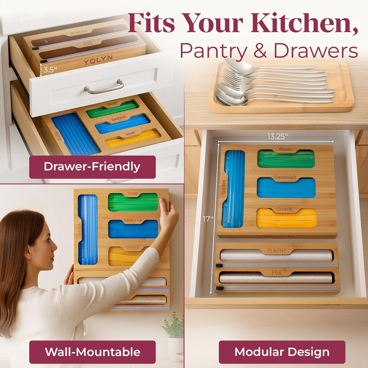 Bamboo Kitchen Storage Bag Organizer, Drawer Organizer with Foil Dispenser, Bamboo Organizer for Sandwich Bags, Plastic Wrap, Baggie and Foil, Premium Kitchen Drawer Organizer