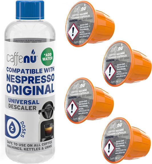 Nespresso Compatible Descaling Kit & Cleaning Pods. 2 Use Descaling Solution & 4 Cleaner Pods. Removes Limescale & Cleans Pod Area. Better Tasting, Hotter Coffee. Nespresso Originaline.