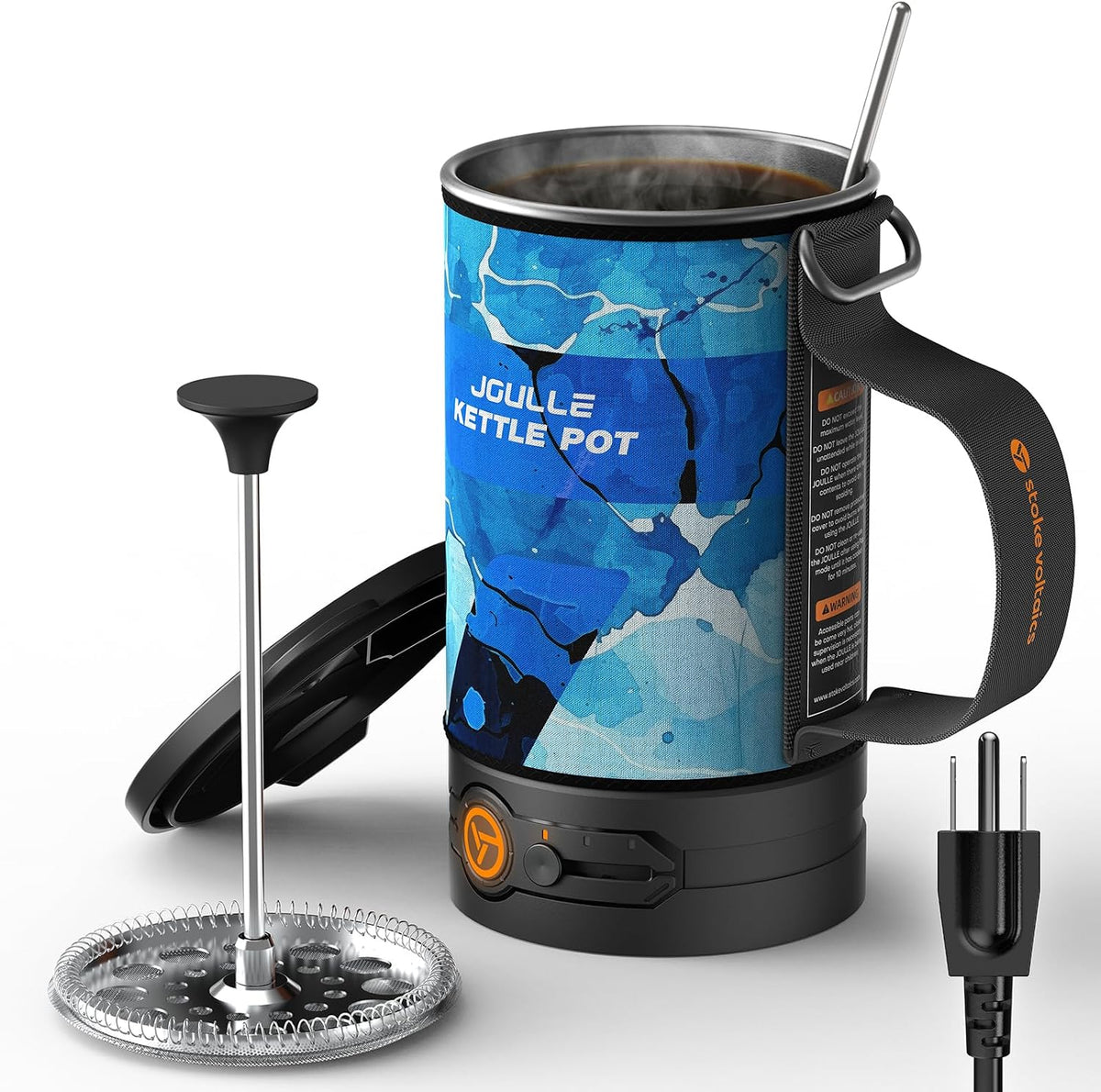 Portable Camping Coffee Maker, Electric French Press, Travel Kettle, 120V | 2-in-1 coffee maker and electric kettle for camping, travel and RV use; 16 oz capacity and 6-minute French press brewing.