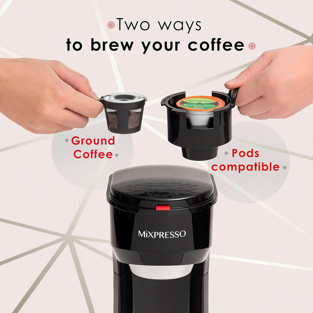Mixpresso Single Serve Coffee Maker K Cup Coffee Maker for K Pods &amp; Grounds | Compact 800W White Coffee Machine with 14 Oz Water Tank, Fast Brew &amp; Auto Shut-Off, Small Design for Travel RV, Office&amp; Dorm